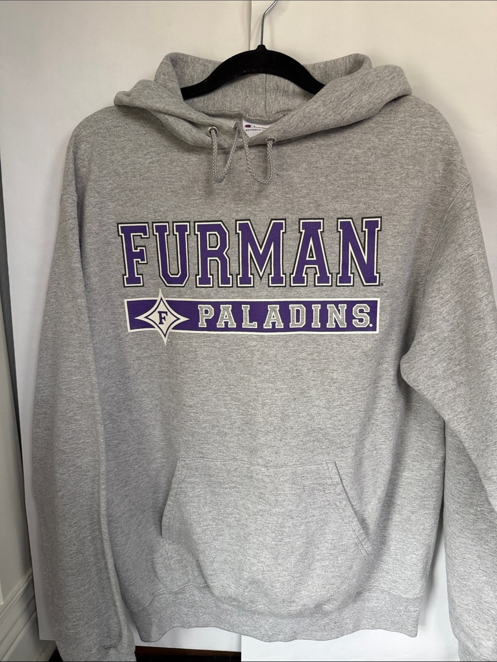 Champion Gray Hoodie with Purple Furman Paladins Logo